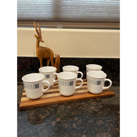 6 Rare Vintage Pyrex Corning Black Striped White Modernist Coffee Mugs - Picture 1 of 8